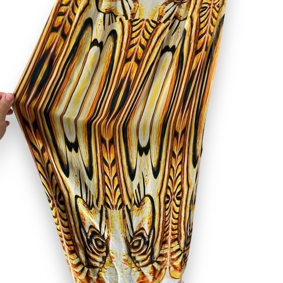 Tamsen Y2K Designer Gold/Brown Abstract Print Ruffle Halter Silk Gown NWT - Picture 9 of 16